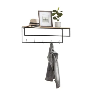 Pine and Metal Wall Shelf with Hooks