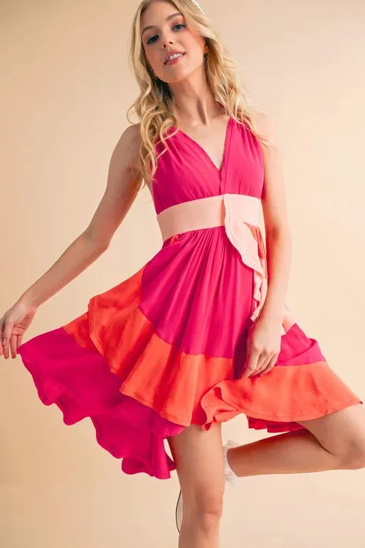 Pink Color Block Sleeveless Mini Dress with Ruffles
