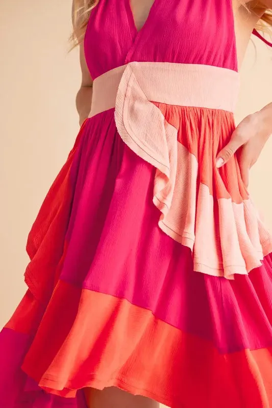 Pink Color Block Sleeveless Mini Dress with Ruffles