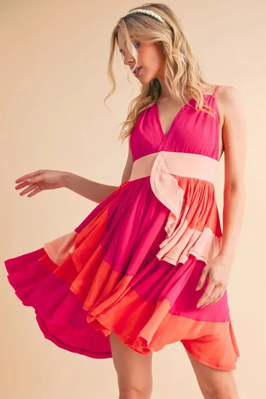Pink Color Block Sleeveless Mini Dress with Ruffles