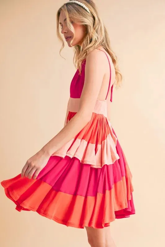 Pink Color Block Sleeveless Mini Dress with Ruffles