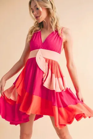 Pink Color Block Sleeveless Mini Dress with Ruffles
