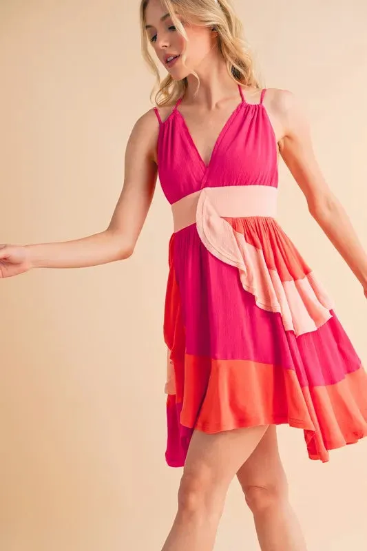 Pink Color Block Sleeveless Mini Dress with Ruffles