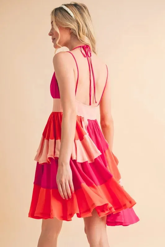 Pink Color Block Sleeveless Mini Dress with Ruffles