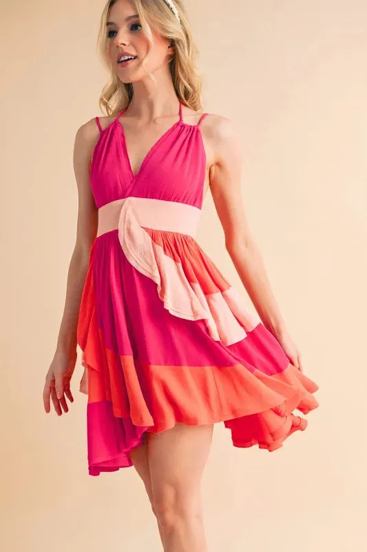 Pink Color Block Sleeveless Mini Dress with Ruffles