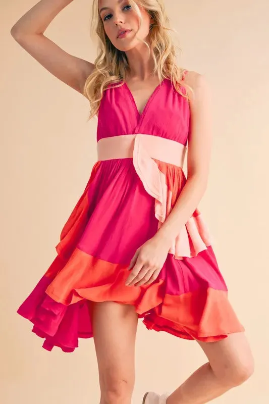 Pink Color Block Sleeveless Mini Dress with Ruffles