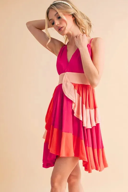 Pink Color Block Sleeveless Mini Dress with Ruffles