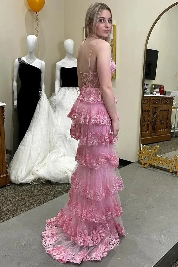 Pink Tulle A-line Lace Appliques Ruffled Tiered Prom Dresses With Slit, MP949