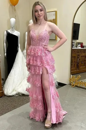 Pink Tulle A-line Lace Appliques Ruffled Tiered Prom Dresses With Slit, MP949