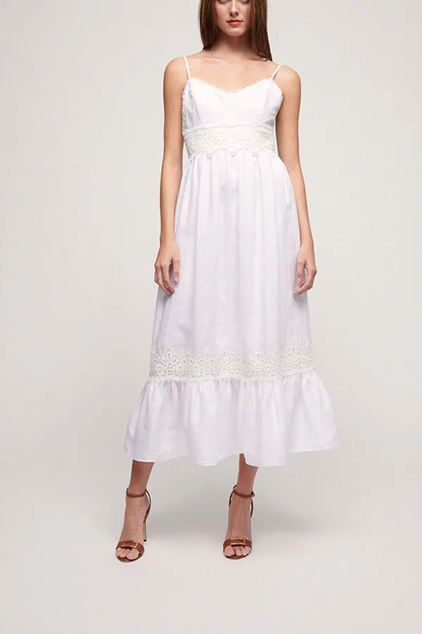 PIOPPO SLIP-STYLE EMBROIDERED LACE TOP LINEN DRESS