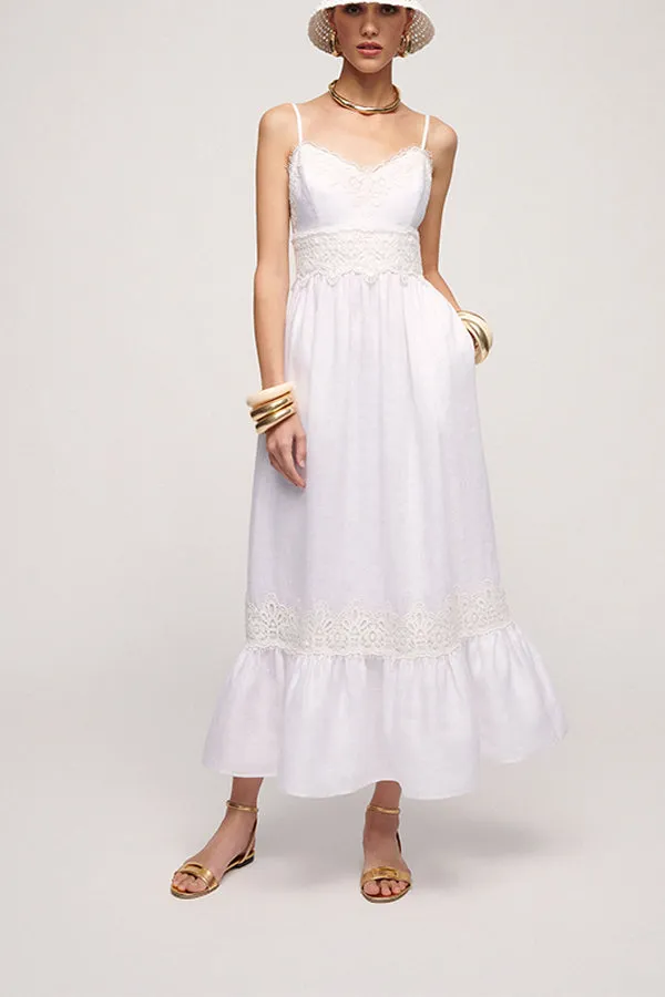 PIOPPO SLIP-STYLE EMBROIDERED LACE TOP LINEN DRESS