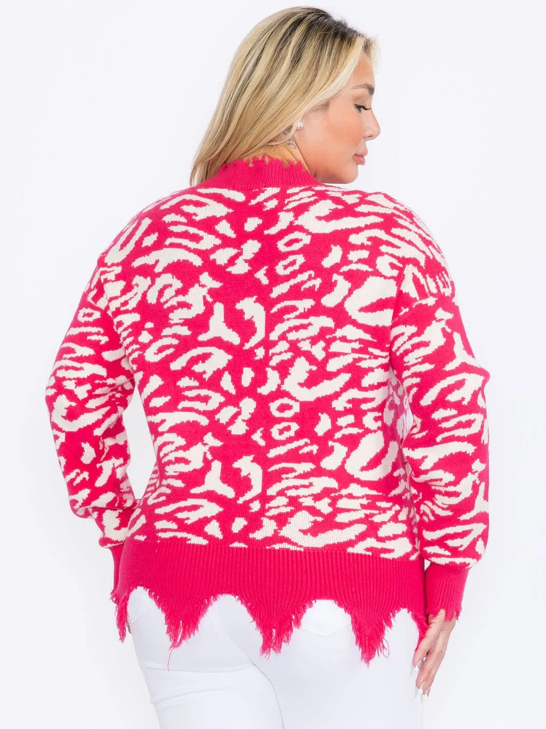PLUS SIZE LONG SLEEVES V-NECK PULLOVER COLORBLOCK ANIMAL PRINT SWEATER