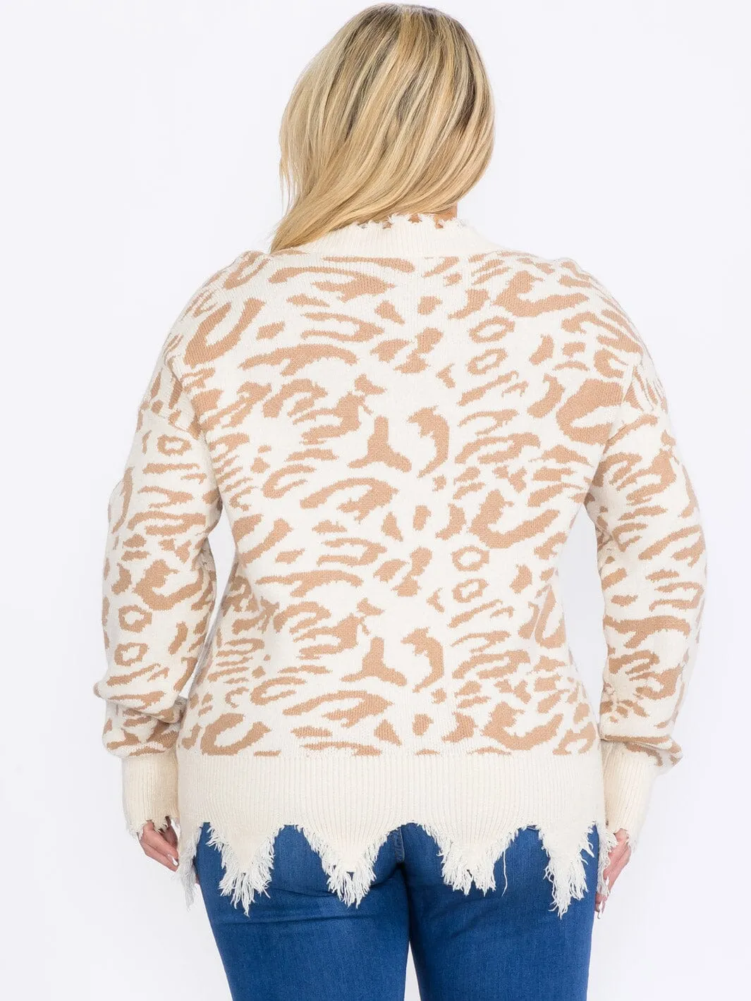 PLUS SIZE LONG SLEEVES V-NECK PULLOVER COLORBLOCK ANIMAL PRINT SWEATER