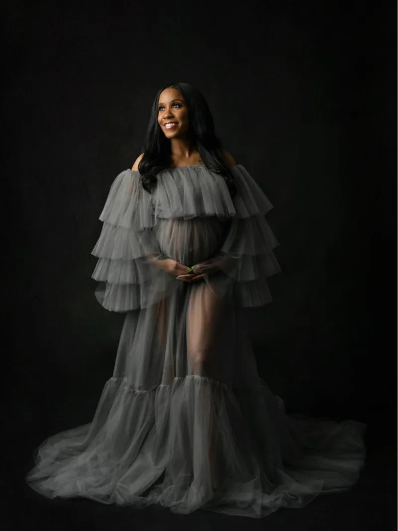 Plus Size Off Shoulder Ruffled See Through Maxi Dress Maternity Gown For Photo Shoot