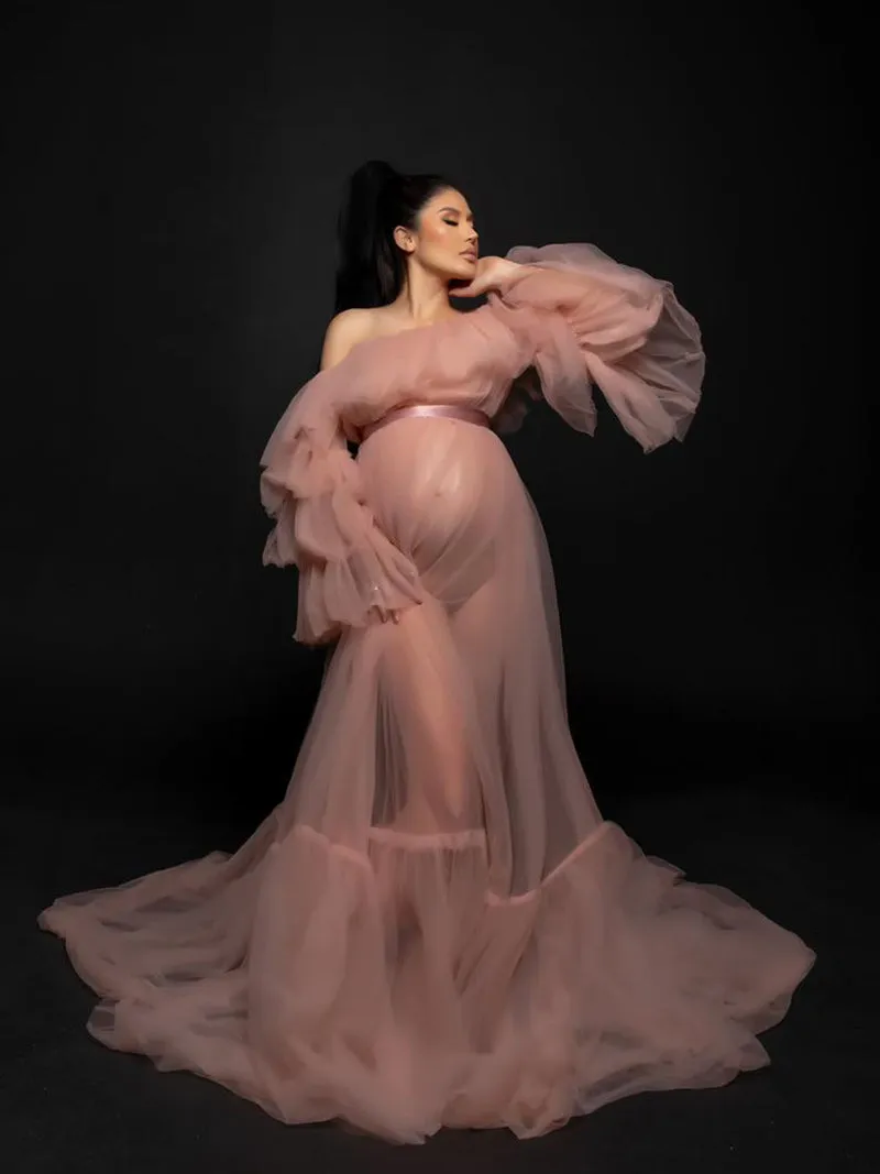 Plus Size Off Shoulder Ruffled See Through Maxi Dress Maternity Gown For Photo Shoot