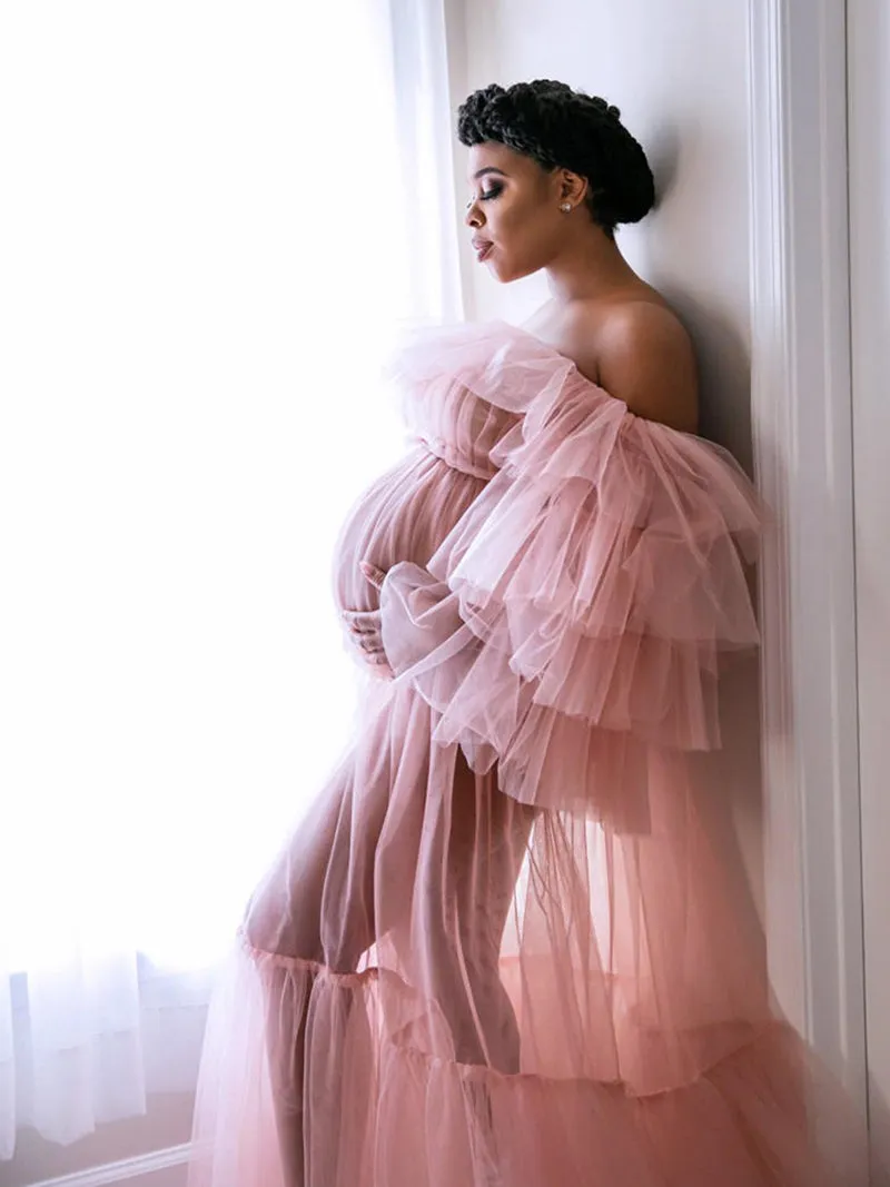 Plus Size Off Shoulder Ruffled See Through Maxi Dress Maternity Gown For Photo Shoot