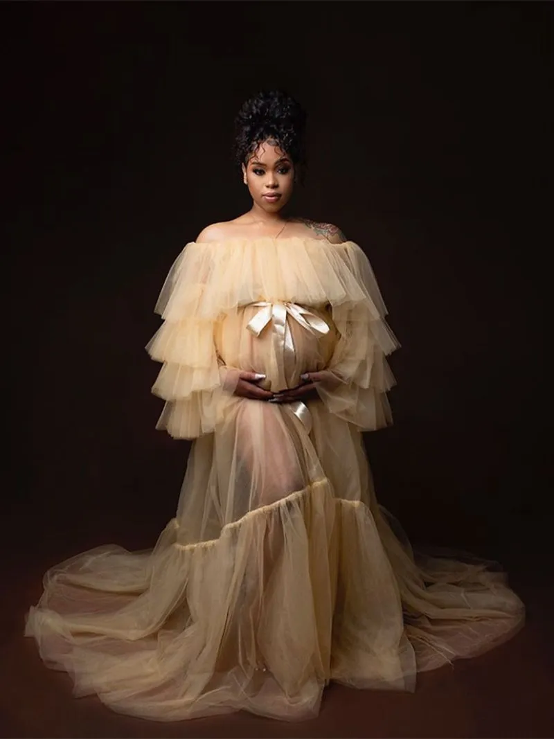 Plus Size Off Shoulder Ruffled See Through Maxi Dress Maternity Gown For Photo Shoot
