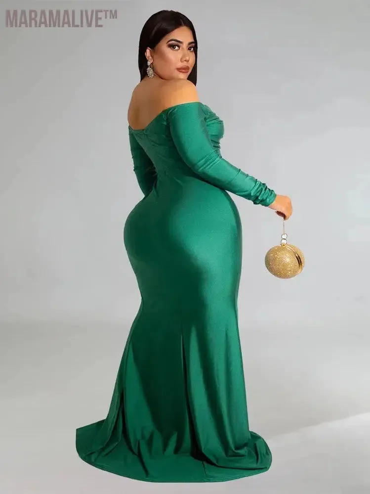 Plus Size Party Dresses for Women Off Shoulder V Neck Slip Hem Elegant Full Length Maxi Dress