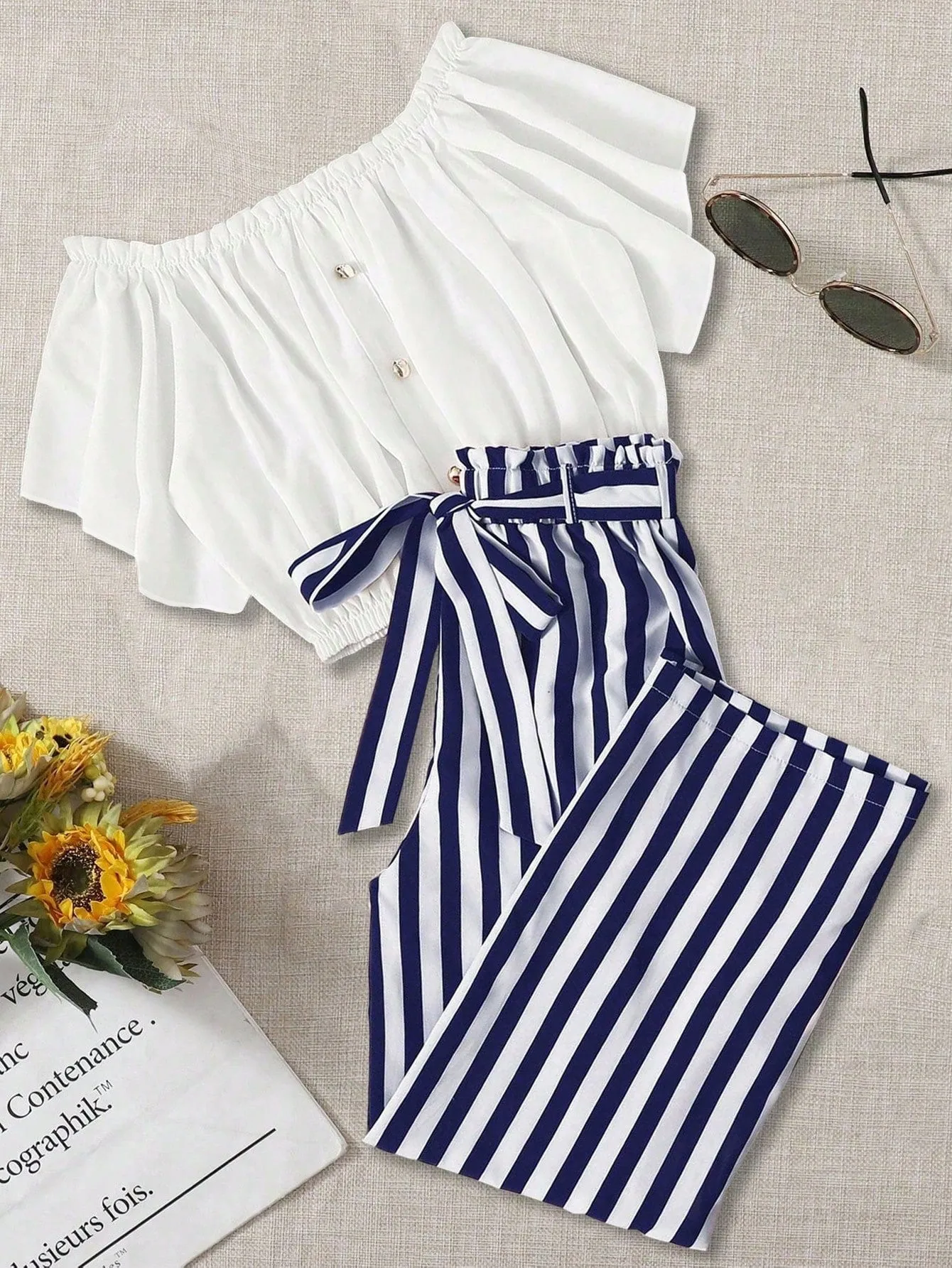 Plus Size Women's Casual Summer Outfit: Off-Shoulder Button Top & Striped Knotted Pants Set