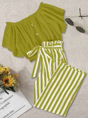 Plus Size Women's Casual Summer Outfit: Off-Shoulder Button Top & Striped Knotted Pants Set