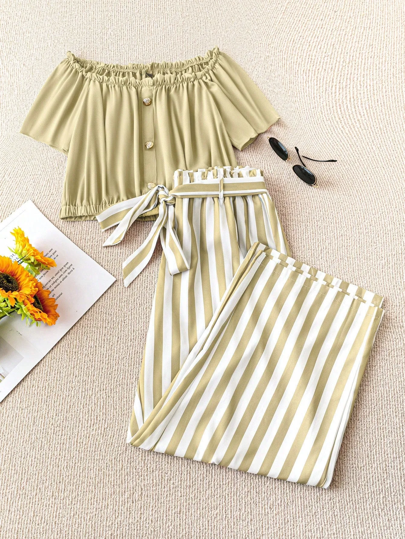 Plus Size Women's Casual Summer Outfit: Off-Shoulder Button Top & Striped Knotted Pants Set