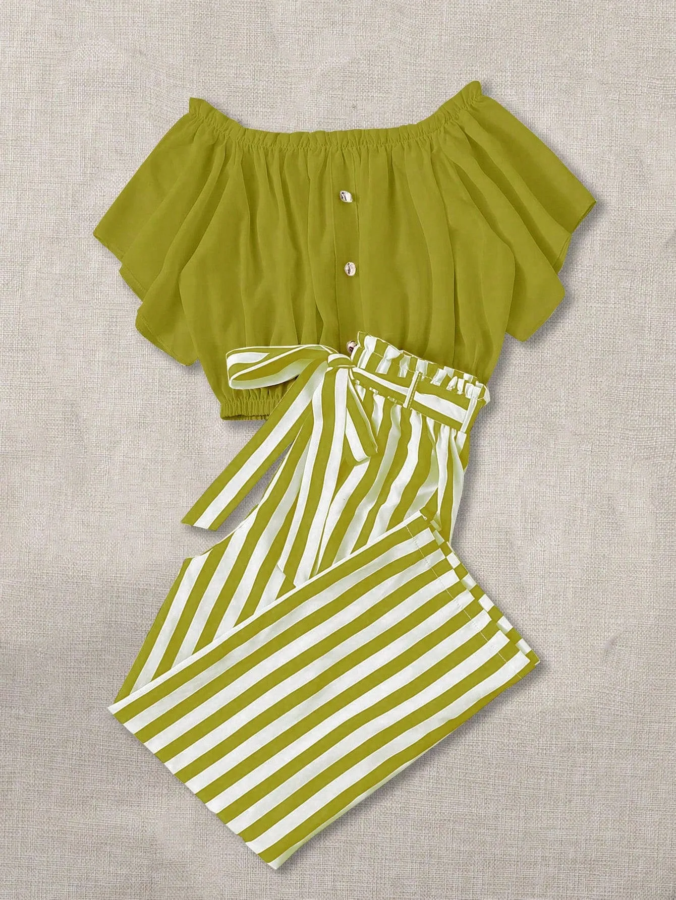 Plus Size Women's Casual Summer Outfit: Off-Shoulder Button Top & Striped Knotted Pants Set
