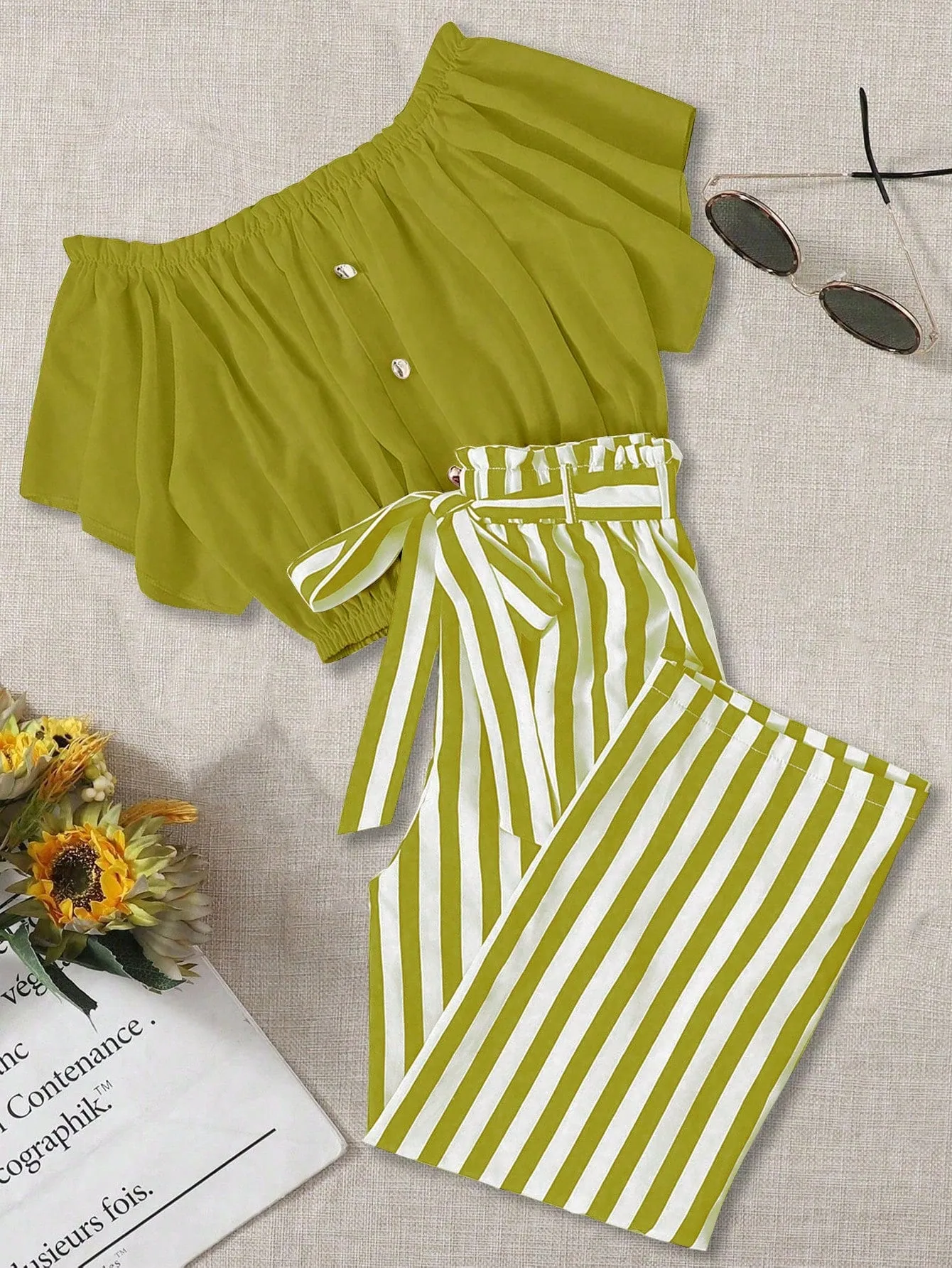Plus Size Women's Casual Summer Outfit: Off-Shoulder Button Top & Striped Knotted Pants Set