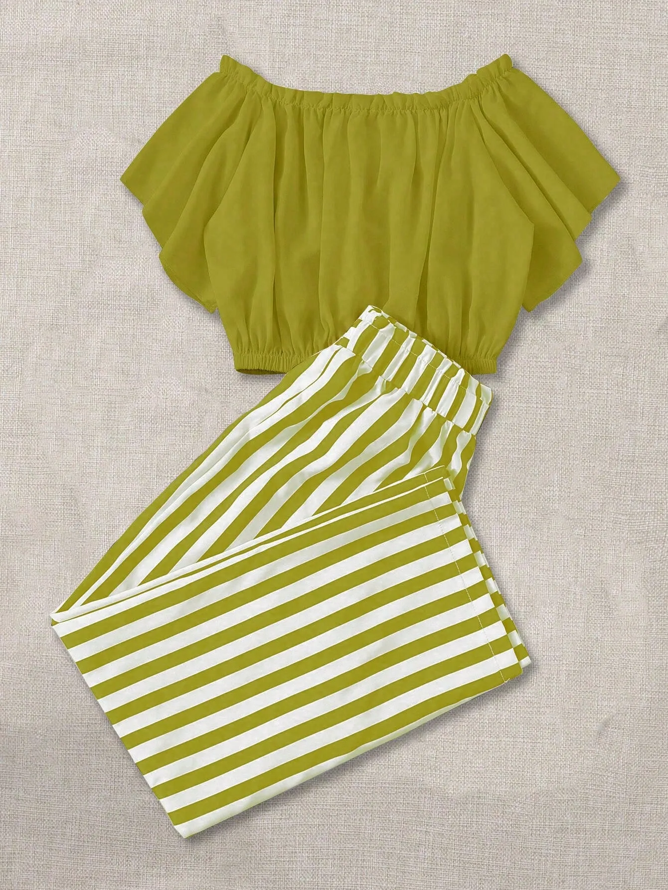 Plus Size Women's Casual Summer Outfit: Off-Shoulder Button Top & Striped Knotted Pants Set