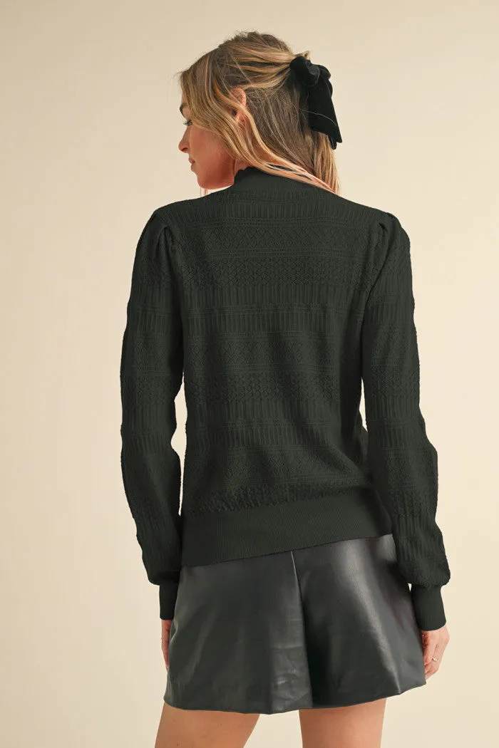 Pointelle Scalloped Neckline Sweater - Black