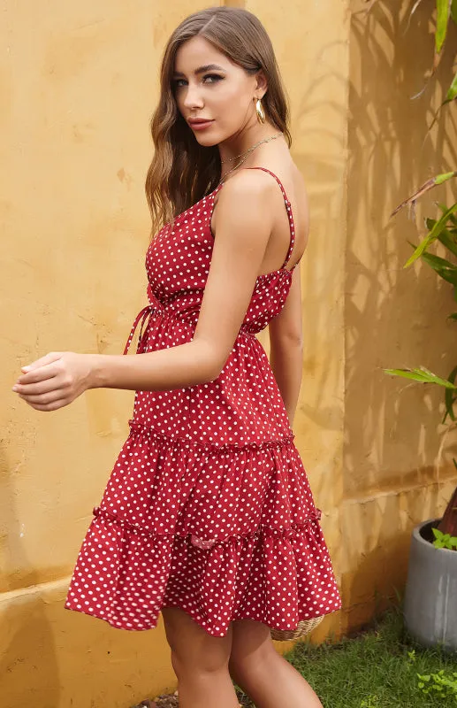 Polka Dot Mini Dress with Ruffled Tiers and Spaghetti Straps
