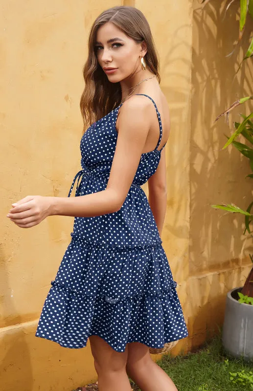 Polka Dot Mini Dress with Ruffled Tiers and Spaghetti Straps