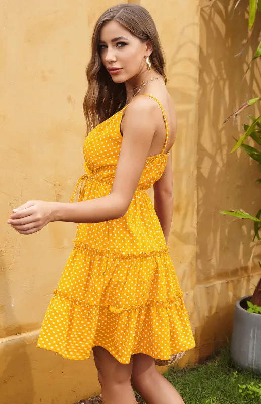 Polka Dot Mini Dress with Ruffled Tiers and Spaghetti Straps
