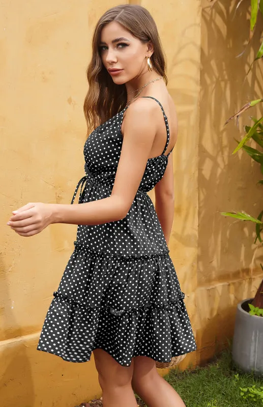 Polka Dot Mini Dress with Ruffled Tiers and Spaghetti Straps