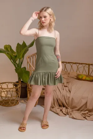 PUEBLA Ruffled Hem Mini Dress with Strappy Straight Cut Neckline (Olive Linen)