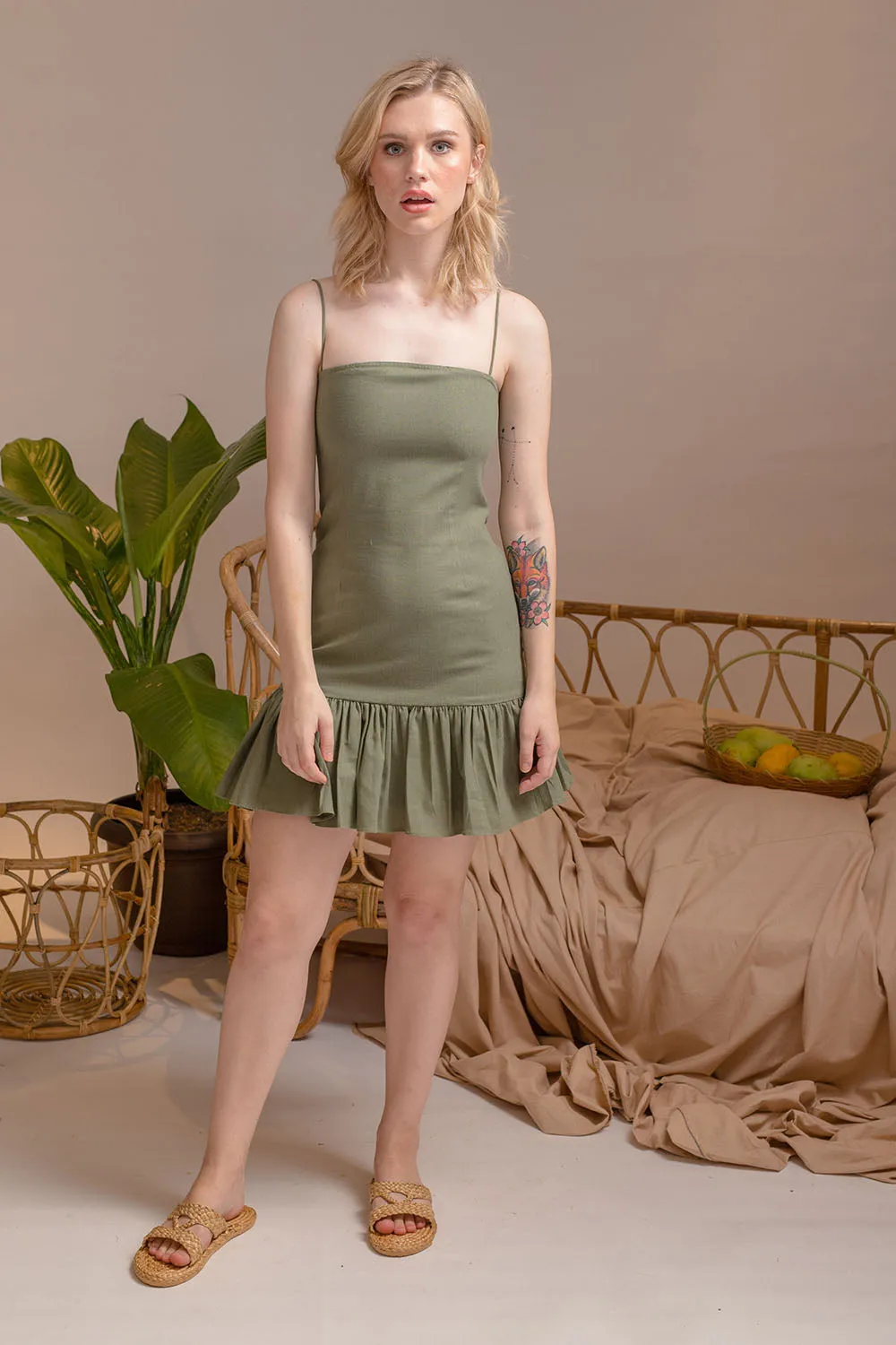 PUEBLA Ruffled Hem Mini Dress with Strappy Straight Cut Neckline (Olive Linen)