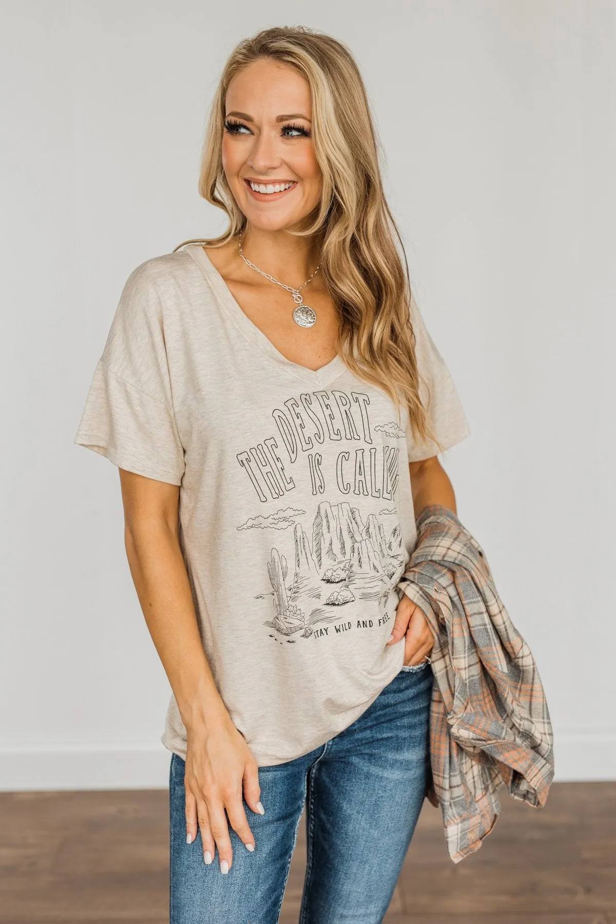 "The Desert Is Calling" Graphic Top- Oatmeal