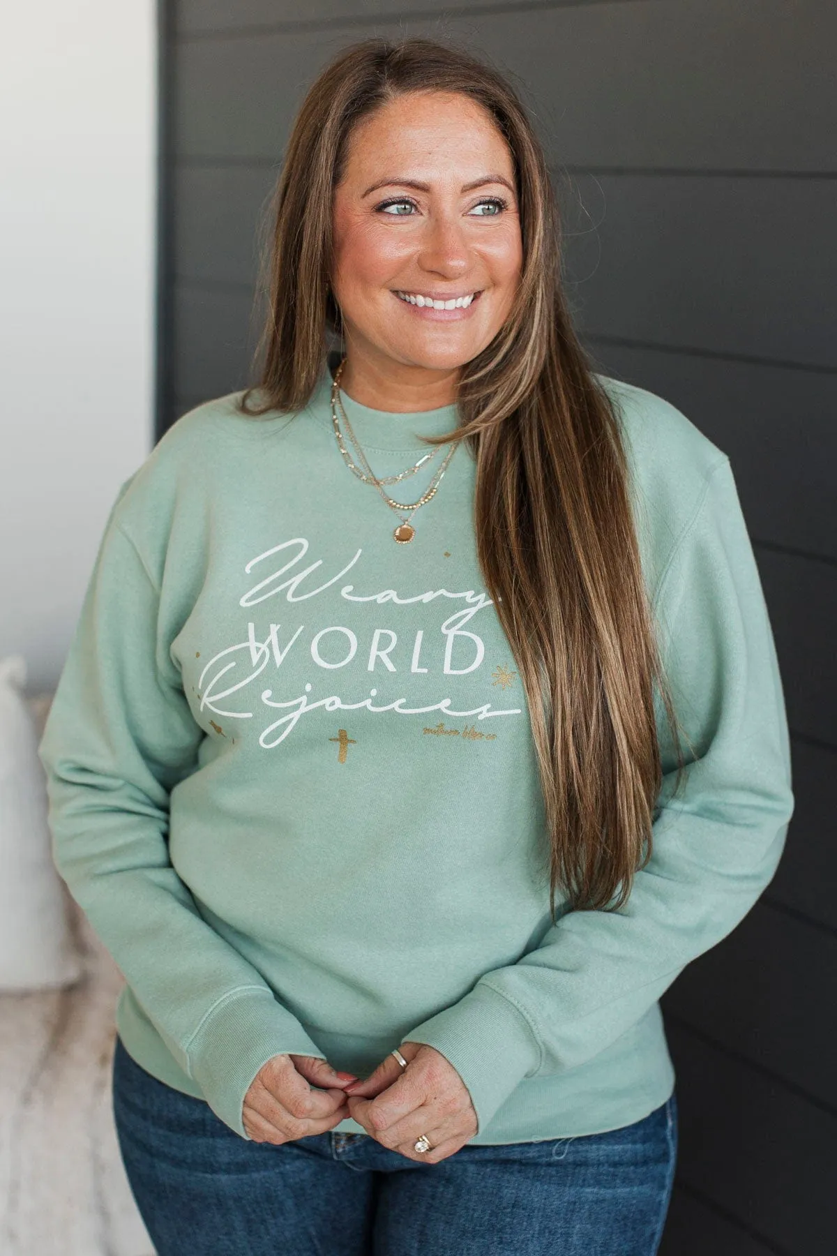 "Weary World Rejoice" Crew Neck Pullover- Sage