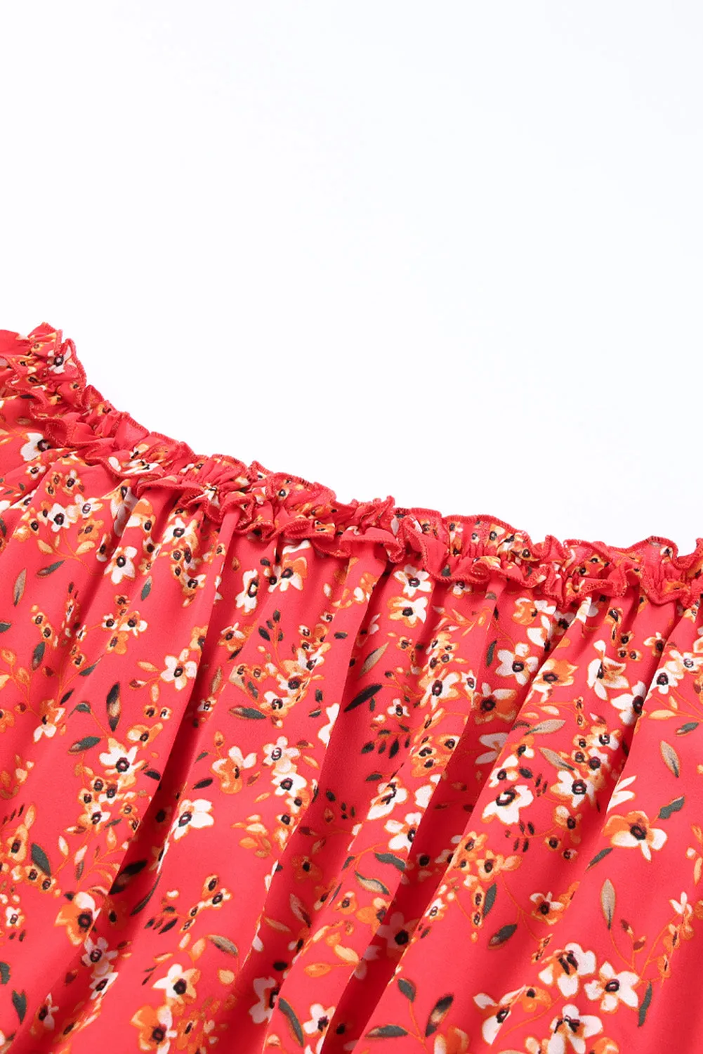Red Frilled Neckline Tiered Ruffled Floral Dress