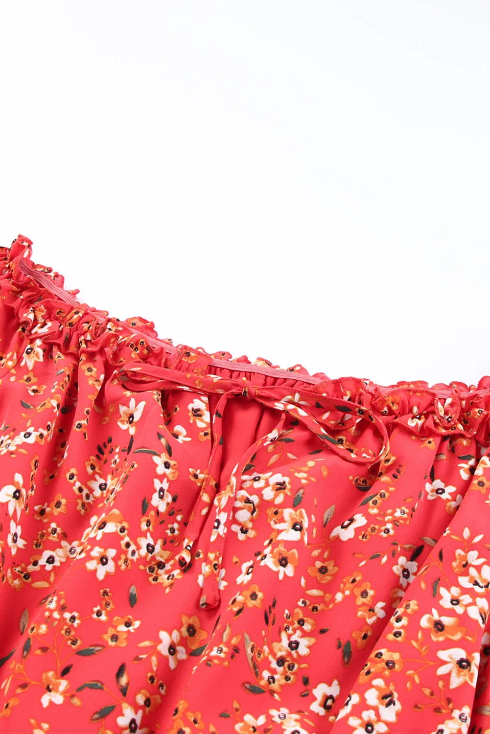 Red Frilled Neckline Tiered Ruffled Floral Dress