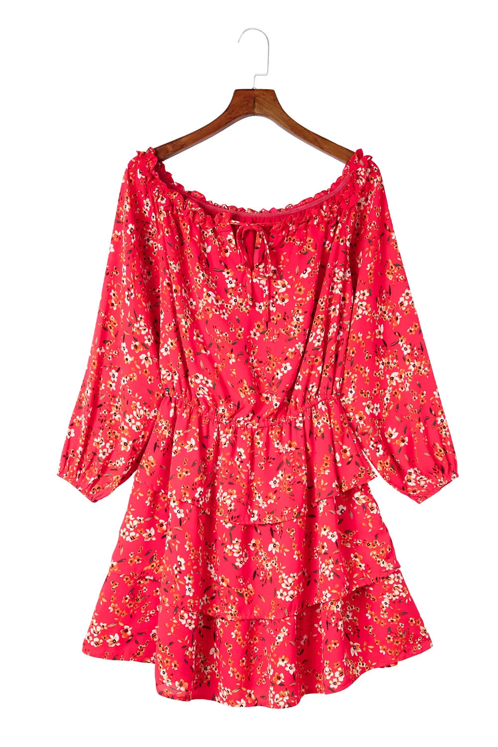 Red Frilled Neckline Tiered Ruffled Floral Dress