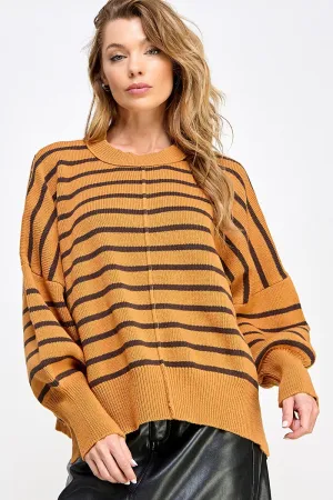 Relaxed Striped Ribbed Mock Neck Pullover Sweater