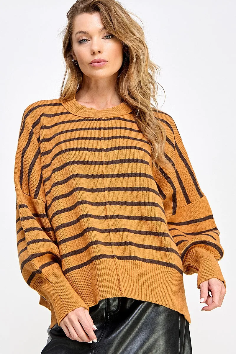 Relaxed Striped Ribbed Mock Neck Pullover Sweater