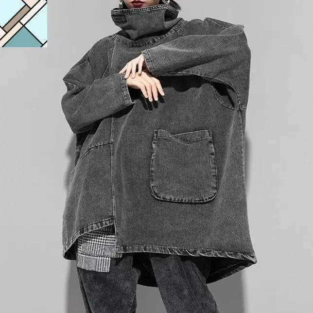 Reon Turtleneck Loose Denim Sweatshirt by Marigold Shadows