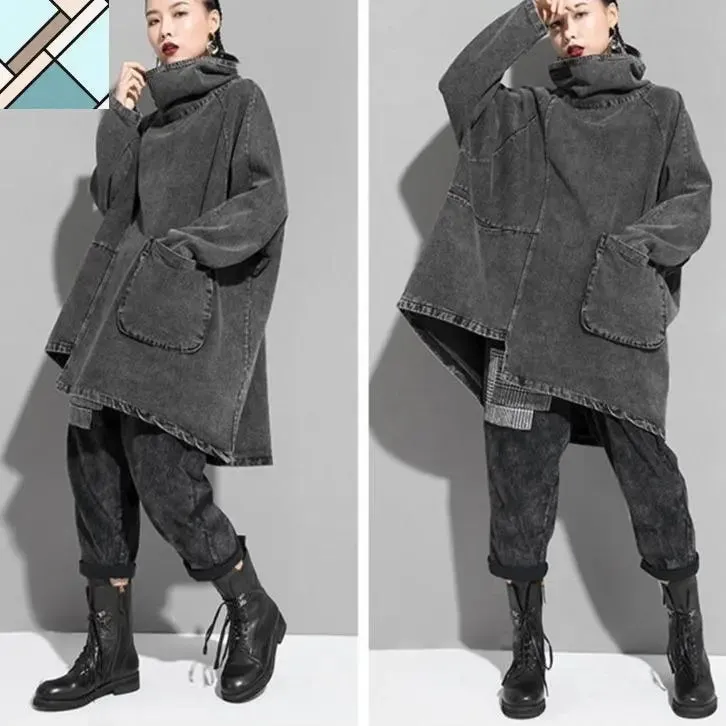 Reon Turtleneck Loose Denim Sweatshirt by Marigold Shadows