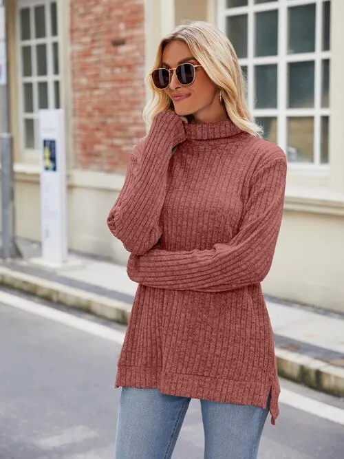 Ribbed Turtleneck Long Sleeve Slit Knit Top (8 Colors)
