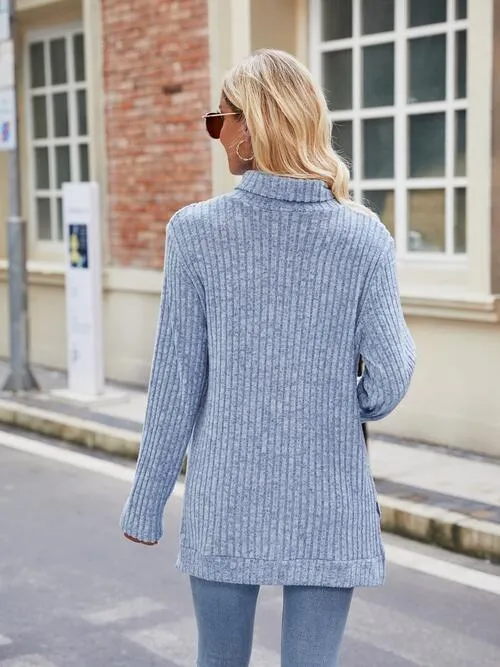 Ribbed Turtleneck Long Sleeve Slit Knit Top (8 Colors)
