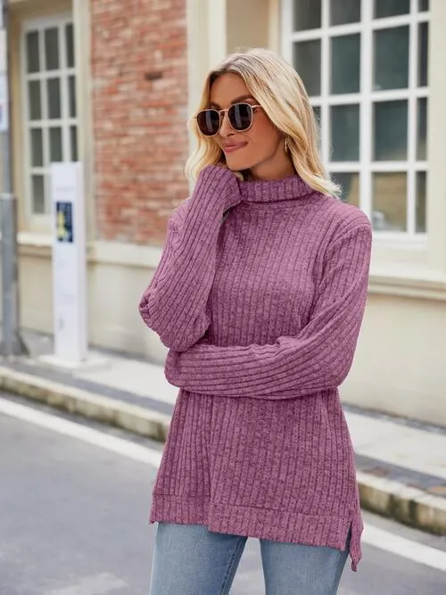Ribbed Turtleneck Long Sleeve Slit Knit Top (8 Colors)