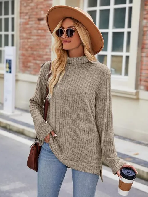 Ribbed Turtleneck Long Sleeve Slit Knit Top (8 Colors)