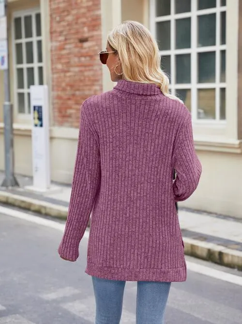 Ribbed Turtleneck Long Sleeve Slit Knit Top (8 Colors)
