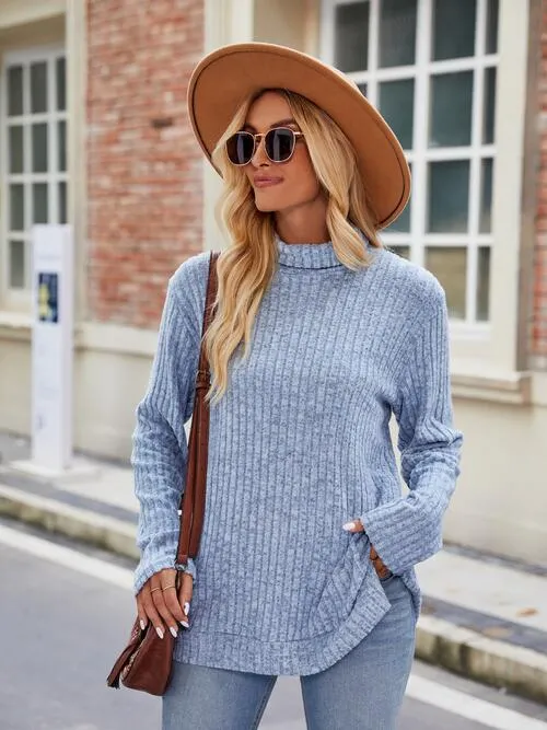 Ribbed Turtleneck Long Sleeve Slit Knit Top (8 Colors)